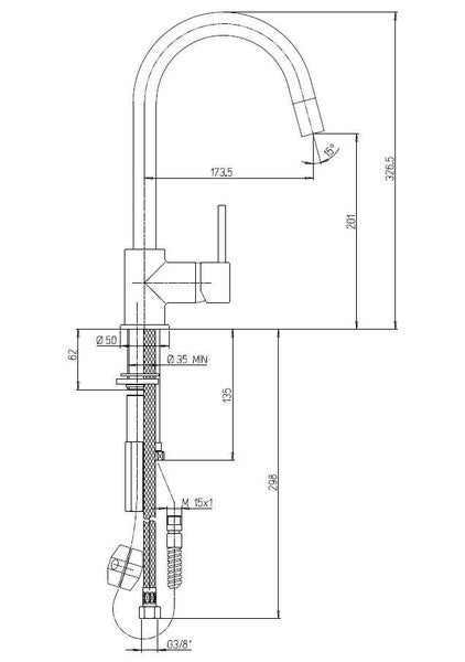 Technische Zeichnung einer Küchenarmatur mit Maßen