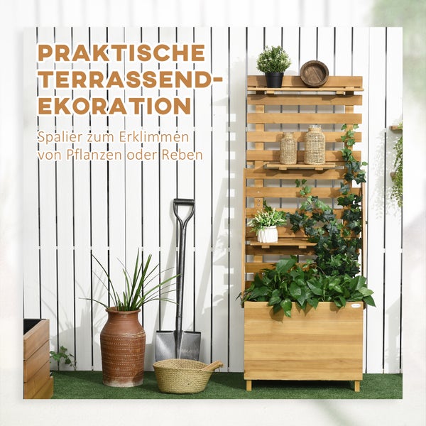 Outsunny Hochbeet mit Rankgitter, Pflanzkasten mit 3 Ablagen, Blumenkasten mit Rankhilfe, für Kletterpflanzen, Garten, Terrasse, aus Holz, Braun, 63 x 39 x 160 cm