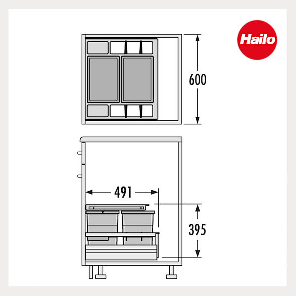 Maßzeichnung für Hailo Abfalltrennsystem, Breite 600 Millimeter, Höhe 395 Millimeter, Tiefe 491 Millimeter. Hailo Logo.