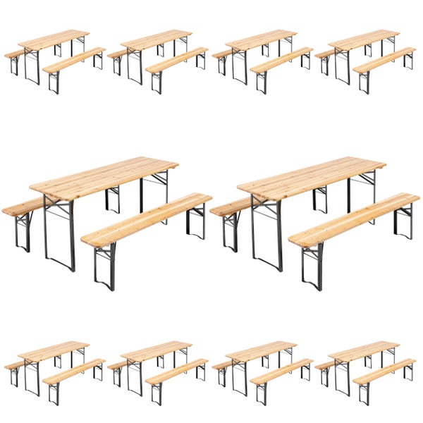 Zehner-Set Festzeltgarnitur bestehend aus jeweils einem Tisch und zwei Bänken mit klappbaren Metallgestellen und Holzoberflächen.
