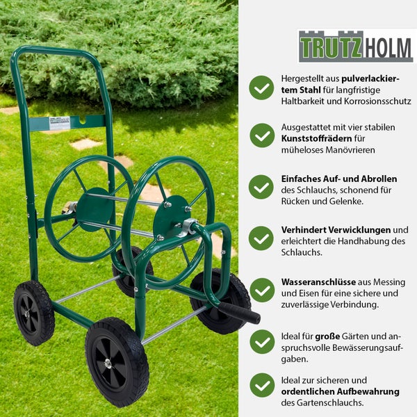 Trutzholm Schlauchwagen aus pulverbeschichtetem Stahl mit vier Rädern zur bequemen Gartenbewässerung.