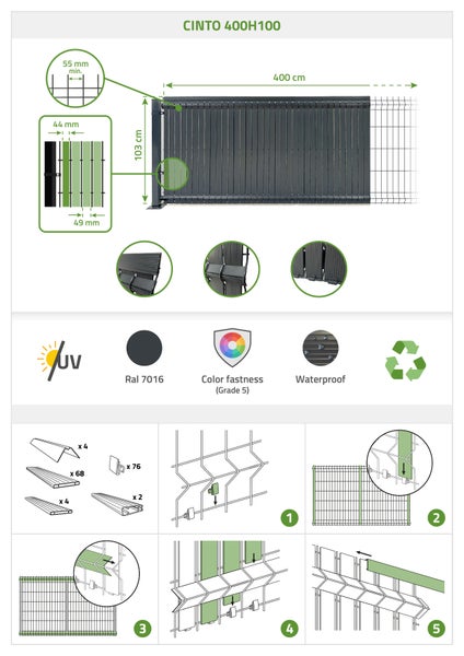 Cinto 400H100 Zaunsystem mit Maßen, Farbbeständigkeit, Wasserdichtigkeit, UV-Beständigkeit und Montageanleitung