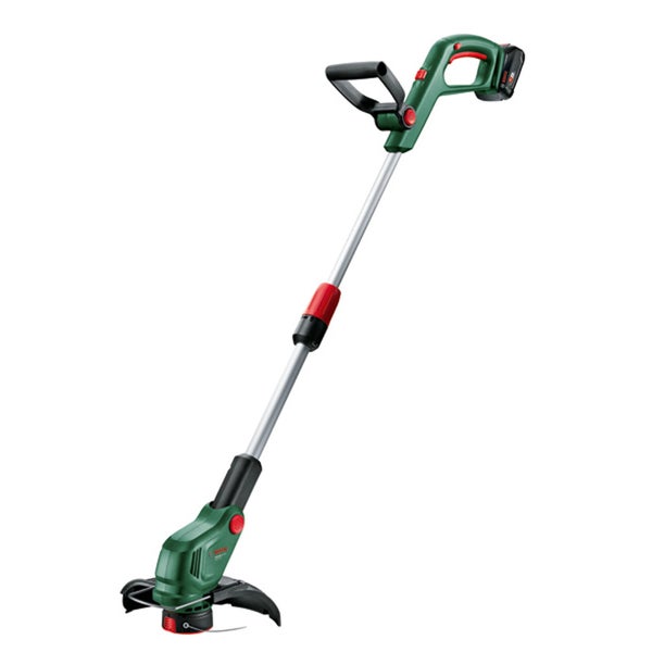 Bosch Akku Rasentrimmer mit verstellbarem Griff und Teleskopstiel für die Rasenpflege.