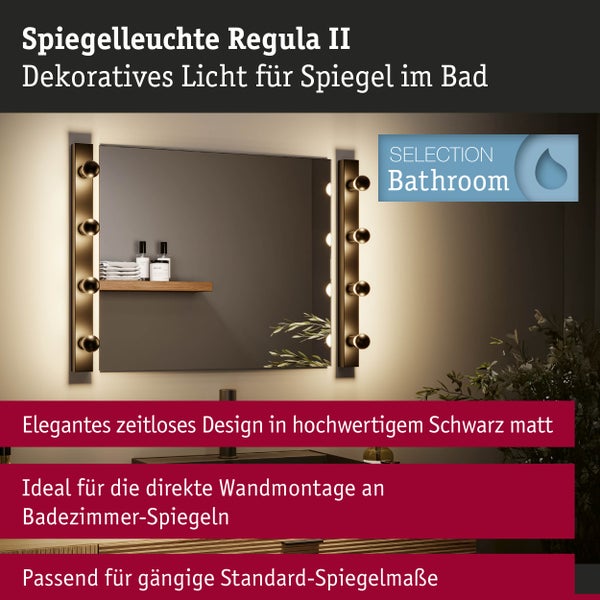 Badezimmer-Spiegelleuchte Regula II Set in Mattschwarz, zwei vertikale Lichtleisten mit runden Leuchtmitteln neben einem Spiegel montiert.