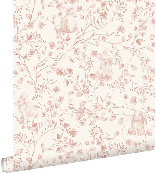 Tapete mit Hasen und Blumenmuster in Rosa