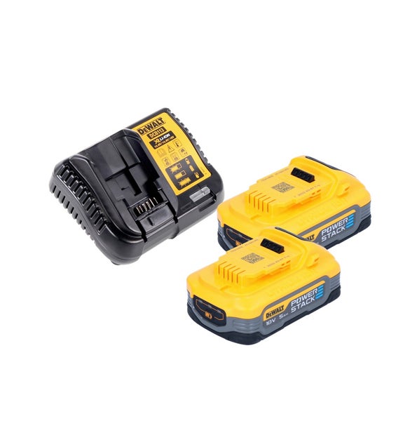 DeWalt Akku-Starter-Set bestehend aus zwei Powerstack Akkus mit 18 Volt und fünf Amperestunden sowie einem passenden Ladegerät.
