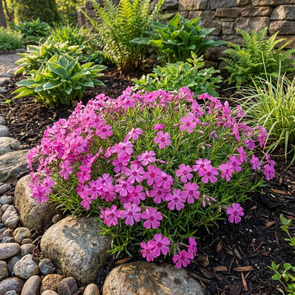 Rosa Polster-Phlox in einem Gartenbeet mit Steinen und Rindenmulch vor einer Natursteinmauer sowie Hostas und Farnen.