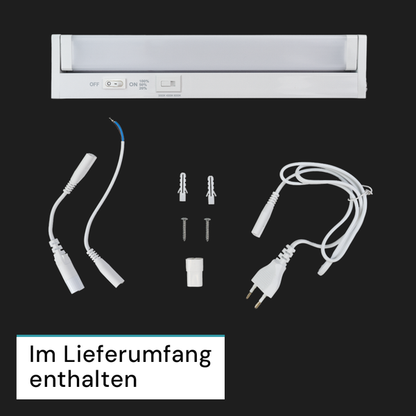 LED-Unterbauleuchte im Lieferumfang mit Netzkabel, Verbindungskabel, Schrauben und Dübeln.