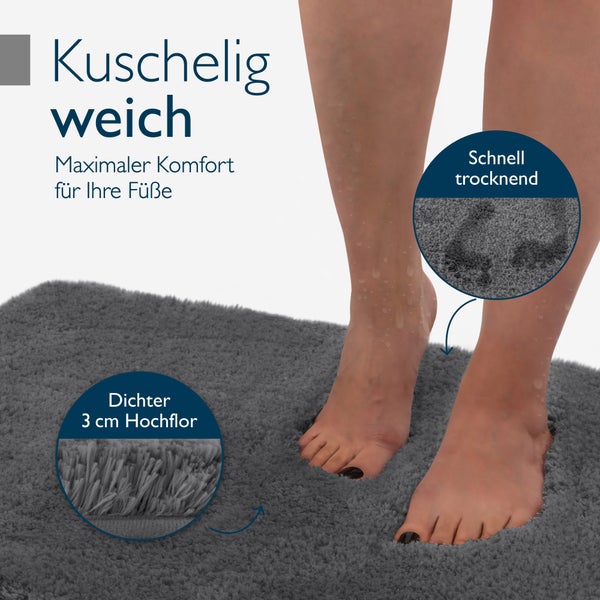 Graue Badematte mit hohem Flor und der Eigenschaft schnell trocknend