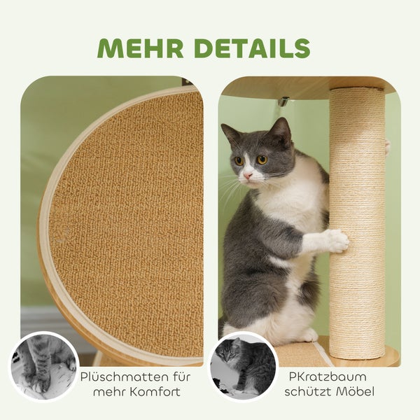 PawHut Kratzbaum, Katzenkratzbaum Deckenhoch, 230-250 cm, Kletterbaum mit Hängematte, Katzenbaum Höhenverstellbar, Spielbaum mit Kippschutz, Plüsch, Eiche+Cremeweiß