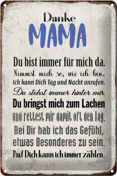 Blechschild Spruch 20x30cm Danke Mama du bist für mich da