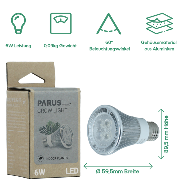 Parus by Venso Growlight 'Indoor plants' LED E27 Pflanzenlampe, Vollspektrum, 6W Pflanzen Lampe für Zimmerpflanzen, Venso Ecosolutions , verbesserte Photosynthese, höhere Chlorophyllbildung, Venso