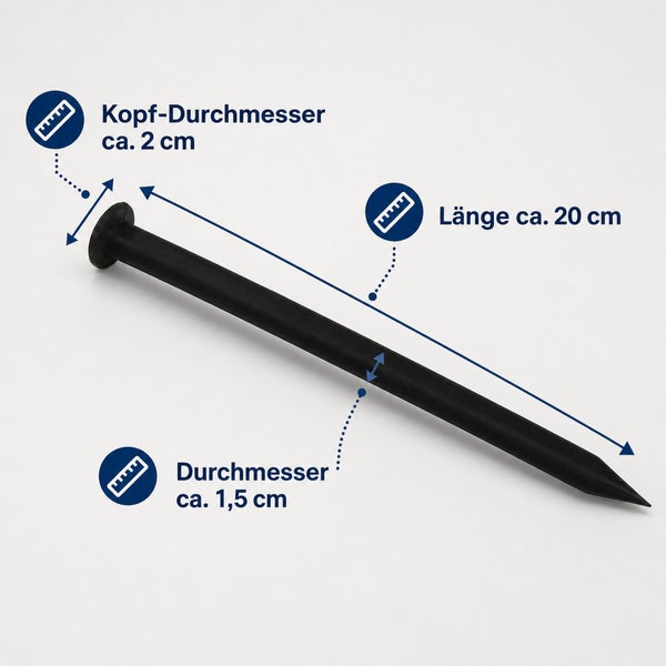 Ein einzelner schwarzer Erdnagel mit einer Länge von circa 20 Zentimeter, einem Kopf von circa 2 Zentimeter und einem Durchmesser von 1,5 Zentimeter.