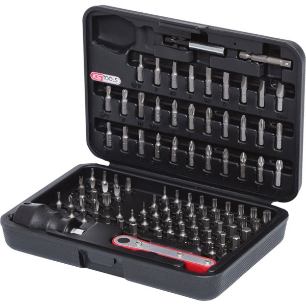 Bohrer-Bit-Set mit Ratsche in geöffnetem schwarzen Koffer