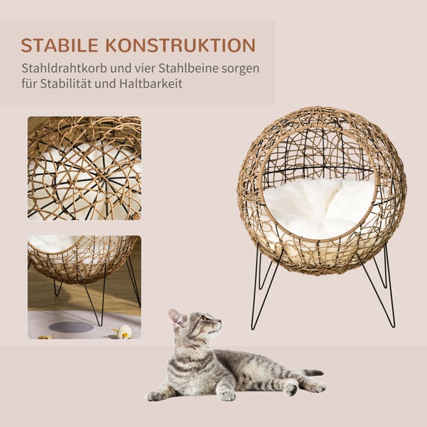 PawHut Katzenbett aus Rattan, Ø45 x 57H cm, PE-Rattan, Braun