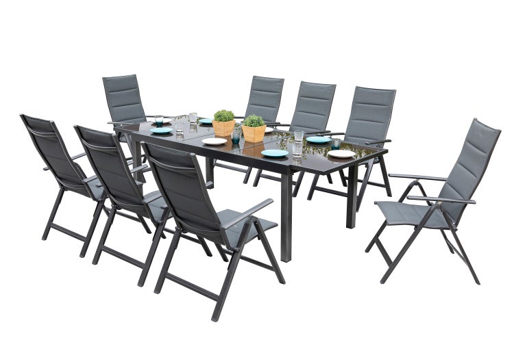 Gartentisch mit Glasplatte und acht Gartenstühlen