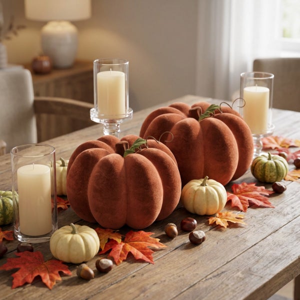 Herbstliche Tischdekoration mit Samtkürbissen, Stumpenkerzen in Glaswindlichtern, kleinen Dekokürbissen und Ahornblättern auf einem Holztisch.