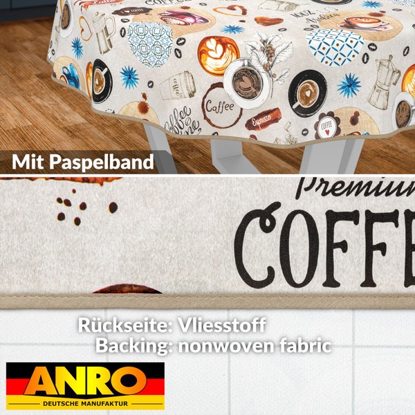 Tischdecke mit Kaffeemotiv und Paspelband sowie ANRO Deutsche Manufaktur Logo