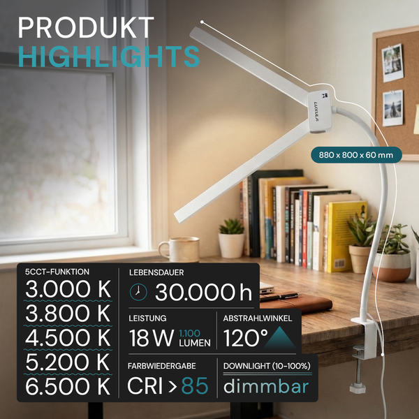 Luxula LED Schreibtischlampe mit Klemmfuß, 18 Watt, 1.100 Lumen, 5 Farbtemperaturen 3.000 bis 6.500 Kelvin, dimmbar, 30.000 Stunden Lebensdauer.