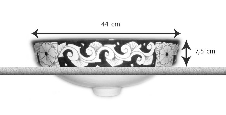 Aufsatzwaschbecken mit floralem Muster, Durchmesser 44 cm, Höhe 7,5 cm