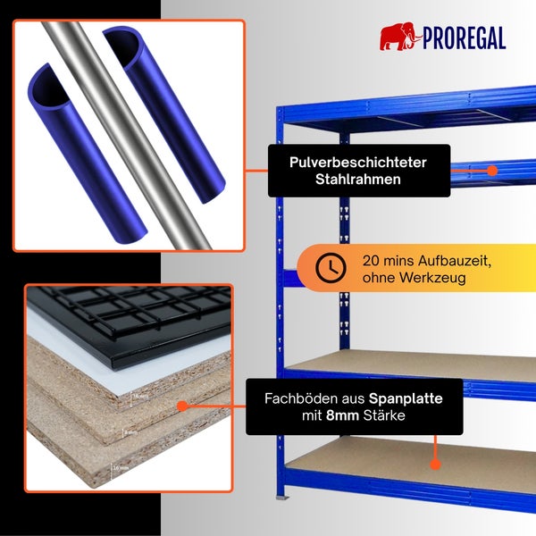Proregal Logo. Blaues Schwerlastregal, pulverbeschichteter Stahlrahmen, 8 mm Spanplattenböden, werkzeuglose Montage in circa 20 Minuten.