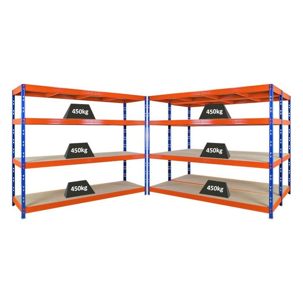 PROREGAL Mega Deal 3x Profi Schwerlastregal Rhino, HxBxT 180x240x60cm, 4 Spanplatten-Ebenen 8mm, Fachlast 450kg, Blau/Orange