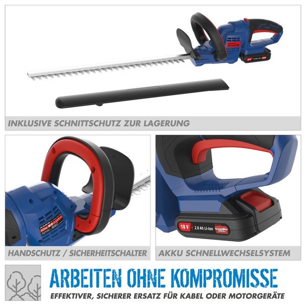 Güde Akku-Heckenschere inklusive Schnittschutz, 18 Volt Lithium-Ionen Akku, Handschutz, Sicherheitsschalter und Akku-Schnellwechselsystem.