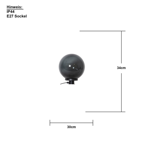 Abmessungen einer runden Aussenleuchte, 30 mal 34 cm, IP44 Schutzart, E27 Fassung