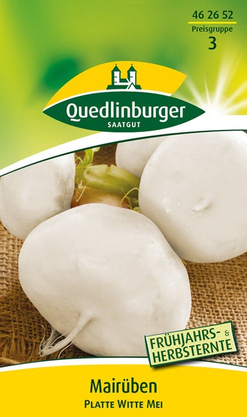 Quedlinburger Saatgut Logo, Samentüte Mairüben Platte Witte Mei mit weißen, runden Rüben auf Jute für Frühjahrs- und Herbsternte.