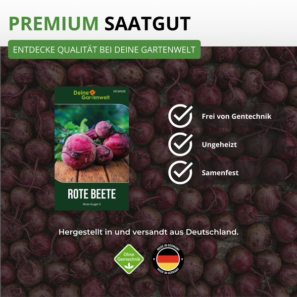 Premium Saatgut Rote Bete Rote Kugel 2 von Deine Gartenwelt. Frei von Gentechnik, ungeheizt und samenfest. Hergestellt in Deutschland.