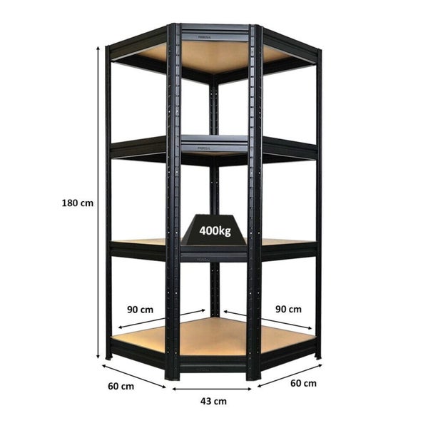 Proregal Eckregal aus schwarzem Metall, vier Holzböden, 180 Zentimeter hoch, 90 mal 90 Zentimeter Schenkelmaß, 400 Kilogramm Tragkraft pro Boden.