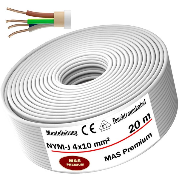 Mantelleitung NYM-J 4x10 Quadratmillimeter, 20 Meter, Feuchtraumkabel, Europäische Konformität, geprüfte Sicherheit, MAS Premium Logo.