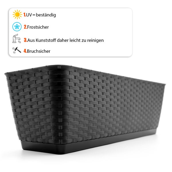 BigDean Blumenkasten Balkon Rattan Optik in Anthrazit 60 cm Länge aus robustem & UV-beständigem Kunststoff – Balkonkasten mit Metall Halterung & Bewässungssystem – Made in Europe