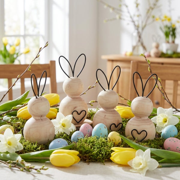Osterdekoration mit vier Holzhasen mit Metalldrahtohren und Herzmotiv, umgeben von Moos, Ostereiern und Frühlingsblumen auf einem Tisch.