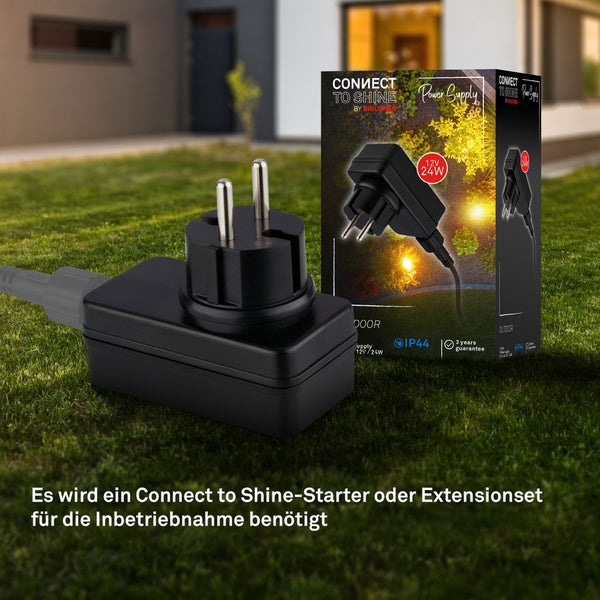 Briloner Connect to Shine Netzteil für Gartenbeleuchtung mit IP44 Schutz gegen Spritzwasser, 12 Volt Spannung und 24 Watt Leistung.