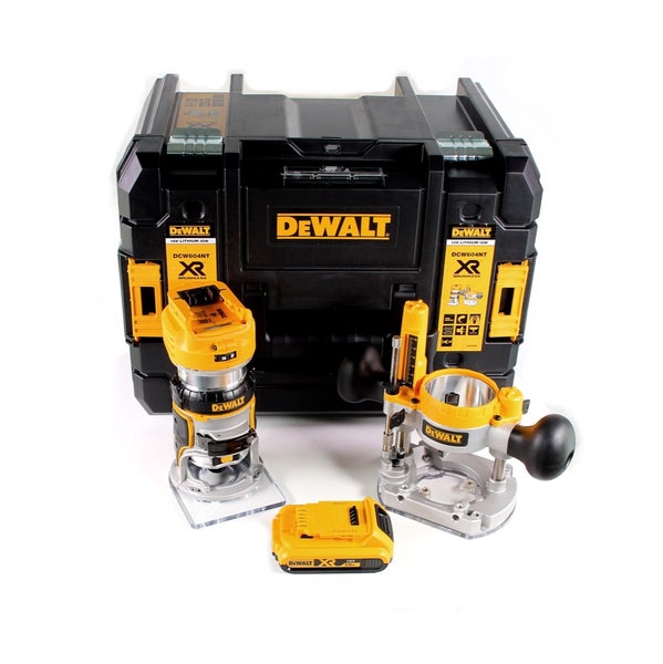 DeWALT Akku-Kanten- und Oberfräse DCW604NT mit TSTAK-Box, zwei Fräsbasen und Akku.