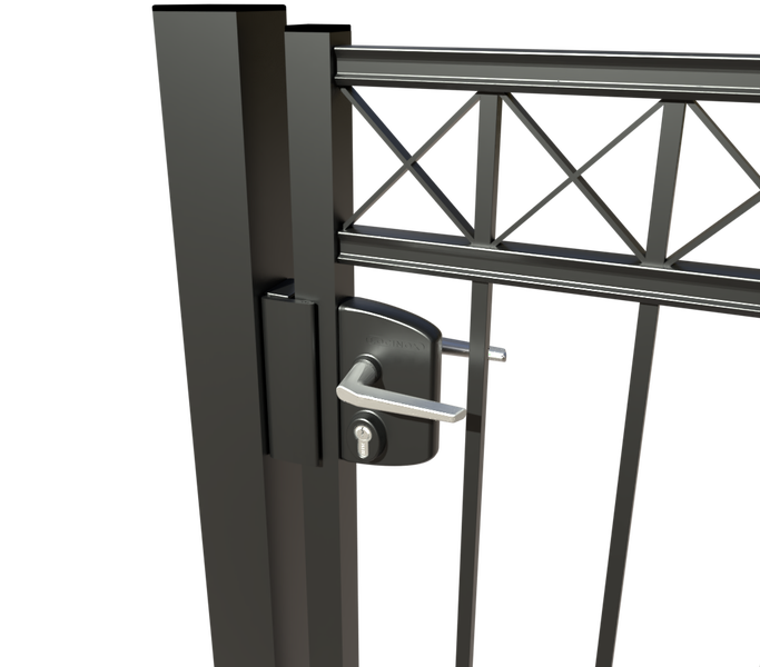Gartentor ZAUNGURU BASIC-Linie Oldenburg Kreuz aus Metall, Höhe: 163cm, Breite: 123cm, 1-flügelig inkl. Pfosten, Schloss und Zubehör, Feuerverzinkt und in RAL 7016 Anthrazitgrau pulverbeschichtet