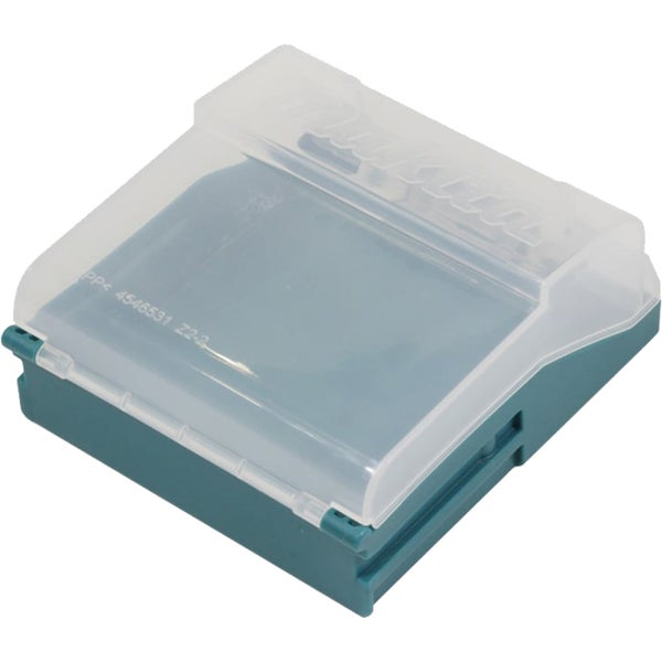 Blaue Makita Bit-Box aus Kunststoff mit transparentem Deckel.