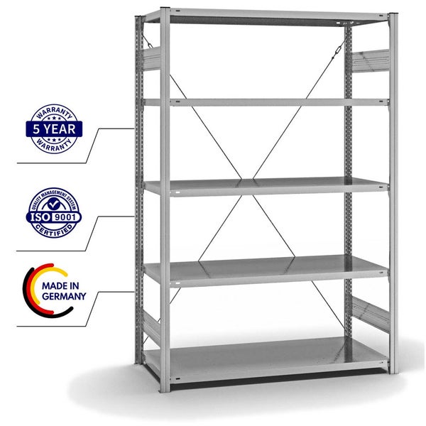 PROREGAL Fachbodenregal Stecksystem T-Profil Medium-Duty Grundregal HxBxT 200 x 130 x 60 cm 5 Ebenen Fachlast 240 kg Einseitig Nutzbar Verzinkt