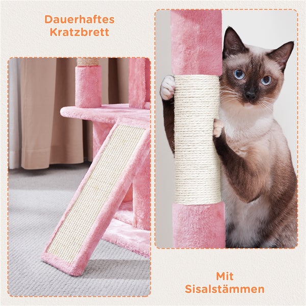 Katzenkratzbaum mit Sisalstämmen und Kratzbrett mit Katze