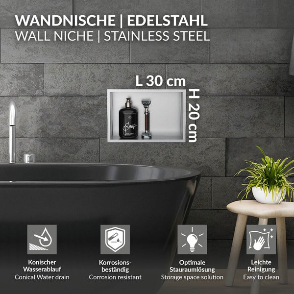 LuxeBath Wandnische aus Edelstahl, 20x30x10 cm, Silber, Duschnische mit Rahmen, Einbauregal, Flexibler Einbau, Befliesbare Nische für Badutensilien, Duschablage, Einzelregal Lagerung für Badezimmer