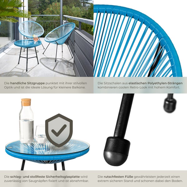 2 Gartenstühle Santana mit Tisch tectake  Belastbarkeit Stuhl 120 kg Retro-Design im Acapulco-Stil blau