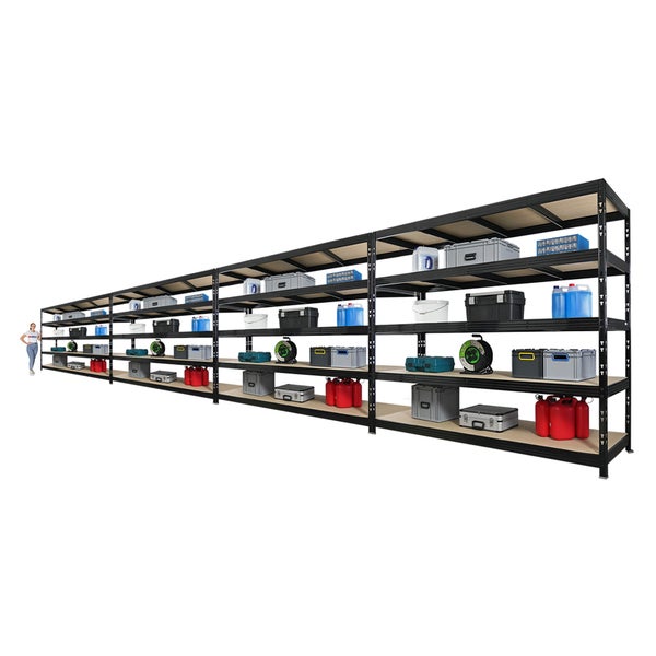 Langes Schwerlastregal aus Metall mit mehreren Ebenen zur Lagerung von Boxen und Behältern