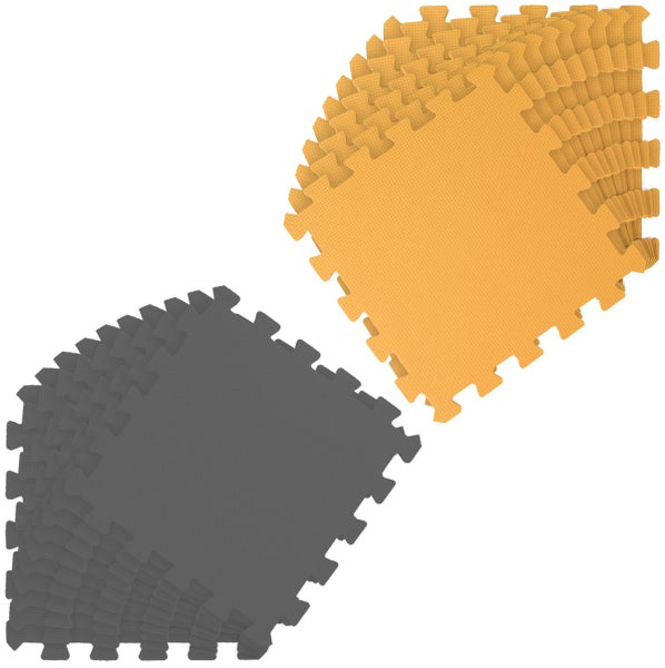 Stapel aus grauen und orangen Bodenmatten aus Schaumstoff mit strukturierter Oberfläche und Puzzle-Rändern.