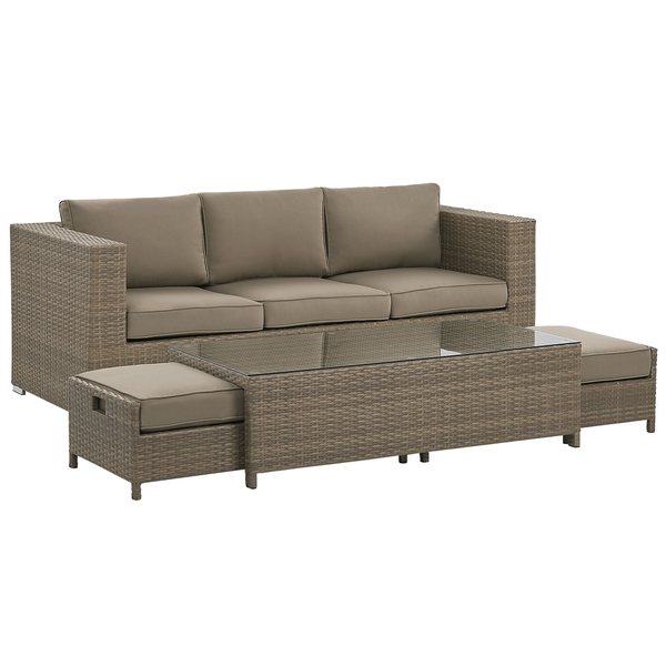 Gartensofa aus Polyrattan mit Tisch und zwei Hockern inklusive Polsterauflagen für den Außenbereich