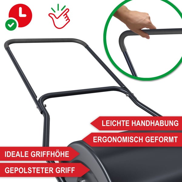 Rasenwalze mit ergonomisch geformtem, gepolstertem Griff für eine leichte Handhabung und ideale Griffhöhe.