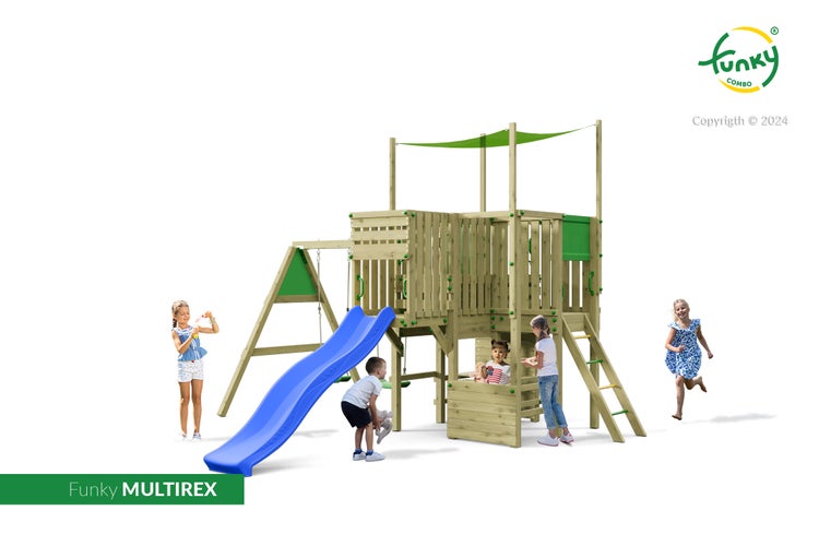 Funky MULTIREX Spielturm aus Holz mit blauer Rutsche, Kletterwand und grünem Sonnendach, Kinder spielen auf dem Klettergerüst, Funky Combo Logo.