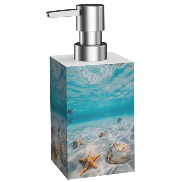 Seifenspender mit Unterwassermotiv, quadratisch aus Kunststoff mit Metallpumpe.