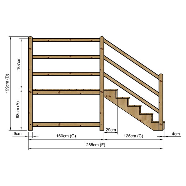 Technische Zeichnung eines Holzpodests mit Treppe und Maßangaben.