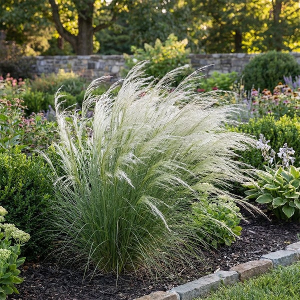 Ziergras Stipa tenuissima im Gartenbeet mit umgebender Bepflanzung.